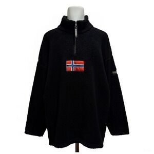 Napapijri Geographic Men's XXL Black 1/4 Zip Deep Pile Sherpa Fleece Jacket euc